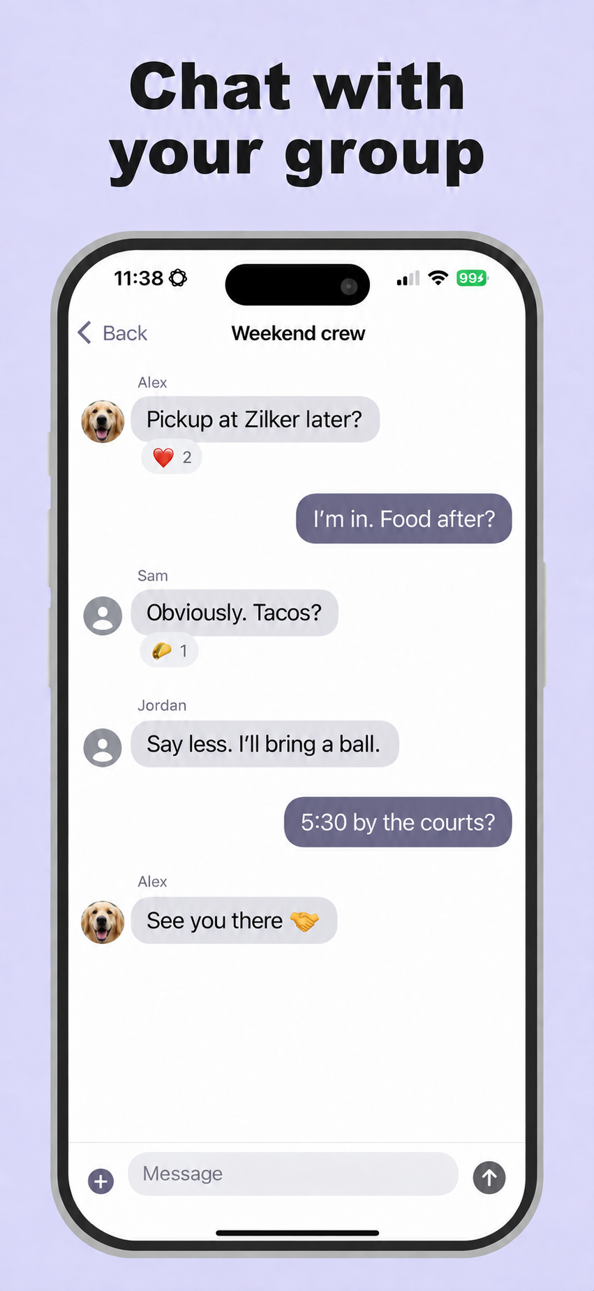 Illustrative IRL group conversation making plans for pickup and tacos